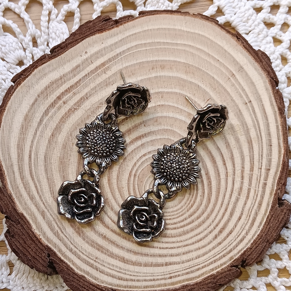 Sunflower and Rose Silver Earrings 2"
